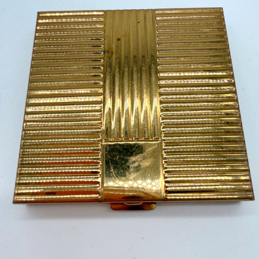 Vintage Volupte Gold Tone Compact Mirror Case Art Deco Powder‎ Makeup Case